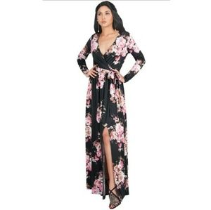 Long Sleeve Flowy V-neck Floral Print Maxi Dress